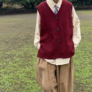 0121-P45 V领青少年酒红色针织开衫马甲男秋冬款潮流休闲秋季图片