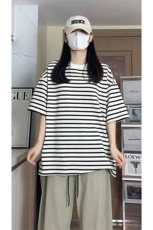 学院风纹理感经典条纹海军风大码男女无性别上衣T3614-特价P30，男装T恤，电商A007