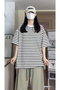 学院风纹理感经典条纹海军风大码男女无性别上衣T3614-特价P30图片