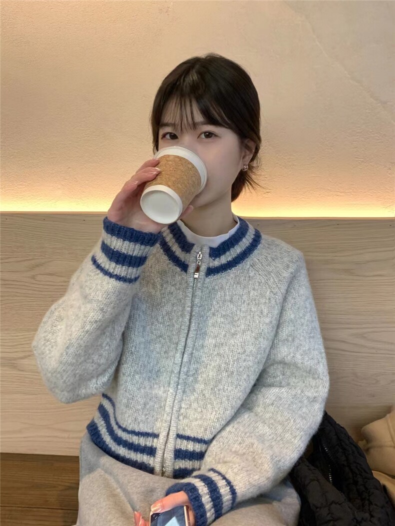 秋季新款舒适显瘦时尚女棒球服针织开衫长袖，女装羊毛衫，恒恩羊绒