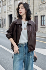 复古机车风短款皮衣外套女2025秋季新款小个子宽松翻领PU夹克上衣，女装皮衣，英标秀（1C119）