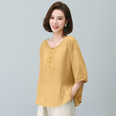 苎麻衬衫女夏季2023年新款时尚宽松洋气中年妈妈气质休闲薄款上衣，女装T恤，希欧阁