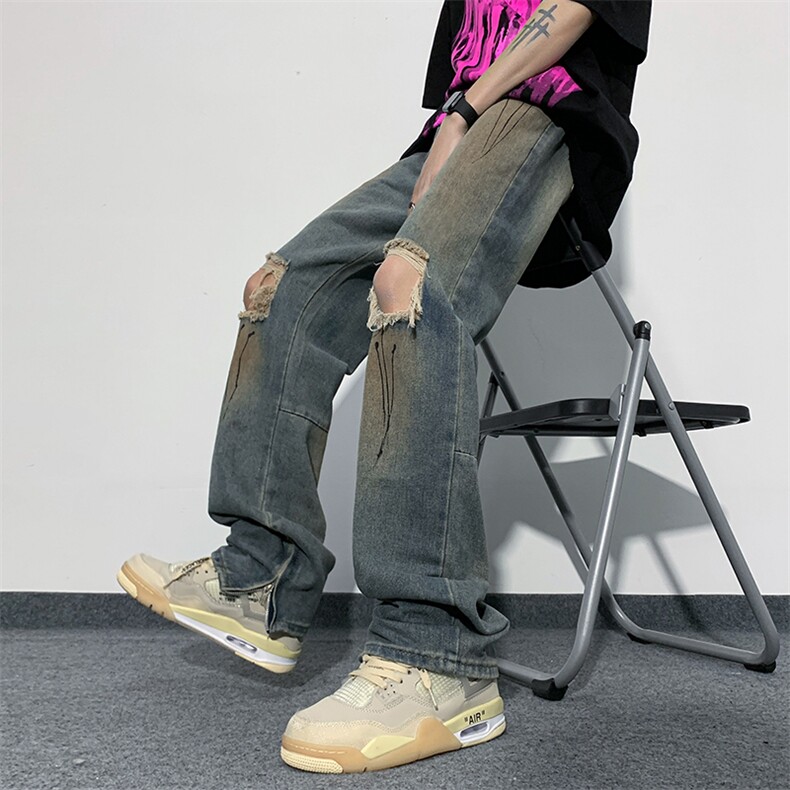 牛仔裤男夏季做旧复古高街裤子暗黑破洞直筒休闲裤N01453-P45,男装牛仔裤,星座308B-2