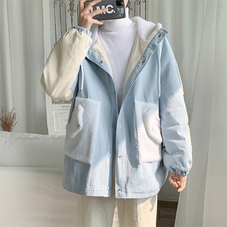 冬季加绒加厚拼接棉衣男ins宽松羊羔毛休闲连帽棉服W2214-P62,男装棉衣,星座512-2