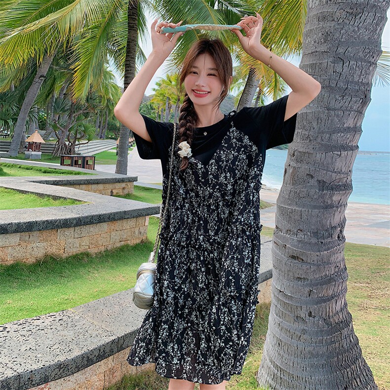 法式桔梗碎花吊带裙套装女2025夏季新款宽松显瘦T恤连衣裙两件套,女装连衣裙,2C129