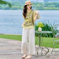 现货2026年夏季新款中式时尚两件套装女小衬衫加马甲天丝麻阔腿裤，女装套装/套裙，璐依舞