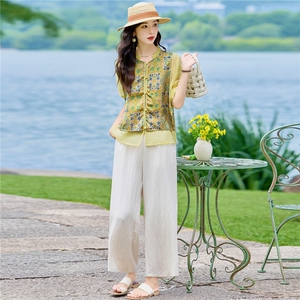现货2026年夏季新款中式时尚两件套装女小衬衫加马甲天丝麻阔腿裤图片