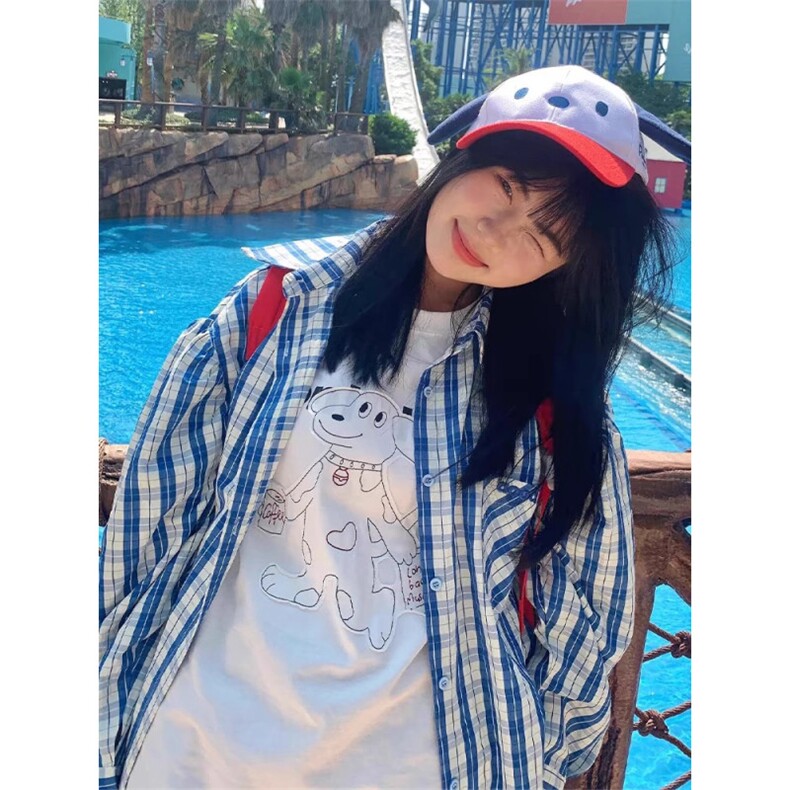 TC1316-P55经典蓝白色格子衬衫女春夏季新款港风宽松休闲衬衣上衣，女装衬衫，星座617A-2