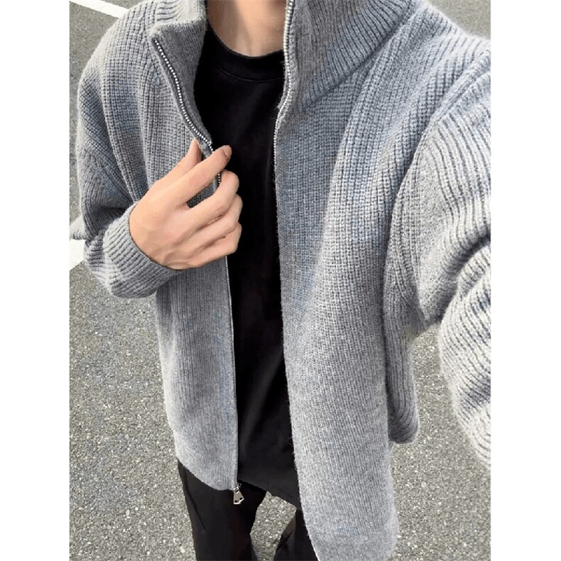 重磅秋冬北极绒双拉链毛衣开衫美式复古休闲慵懒风宽松针织衫外套，男装针织衫/毛衣，电商A486