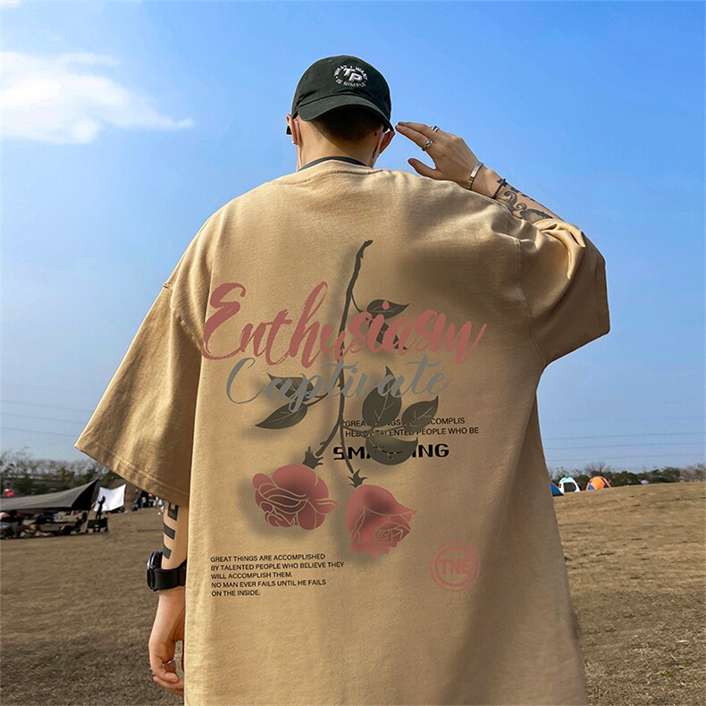 玫瑰印花短袖男款2024本命年红色t恤美式复古重磅纯棉大码5分半袖,男装T恤,电商A486
