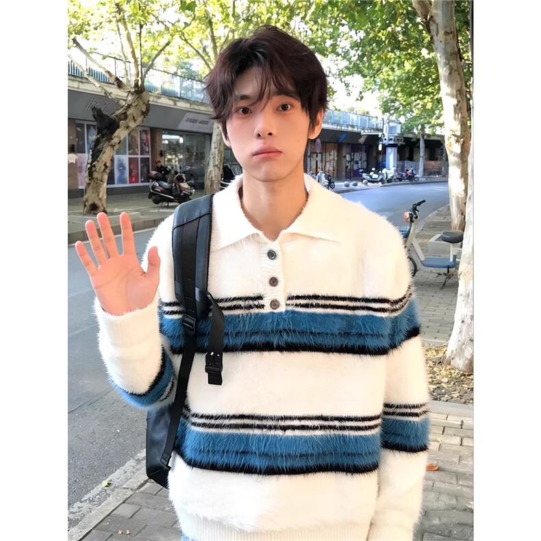 美式马海毛撞色条纹毛衣男冬季内搭毛线衣青少年高级感外套MZ21,男装针织衫/毛衣,星座516A