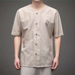 夏季男士棉麻衬衫青年风复古短袖休闲免烫修身唐装图片