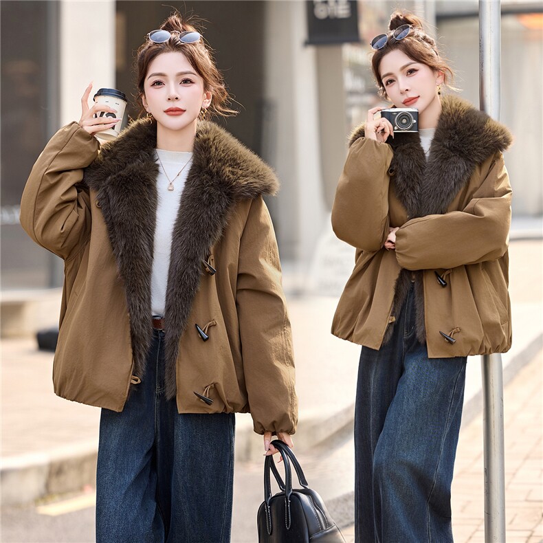 大毛领女冬季2025新款加绒加厚派克服外套,女装派克服,依多米