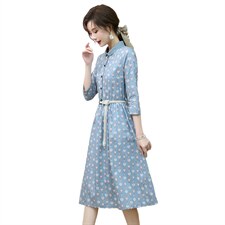 春秋新款纯棉印花衬衫式连衣裙拼花边立领七分袖文艺大摆裙，女装连衣裙，木橙西子
