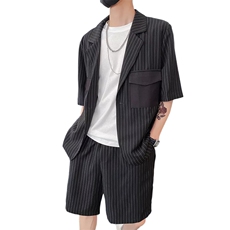 社会风秋纯色条纹宽松西装休闲两件套装潮男B297-7712-P105控148，男装休闲套装，电商B297