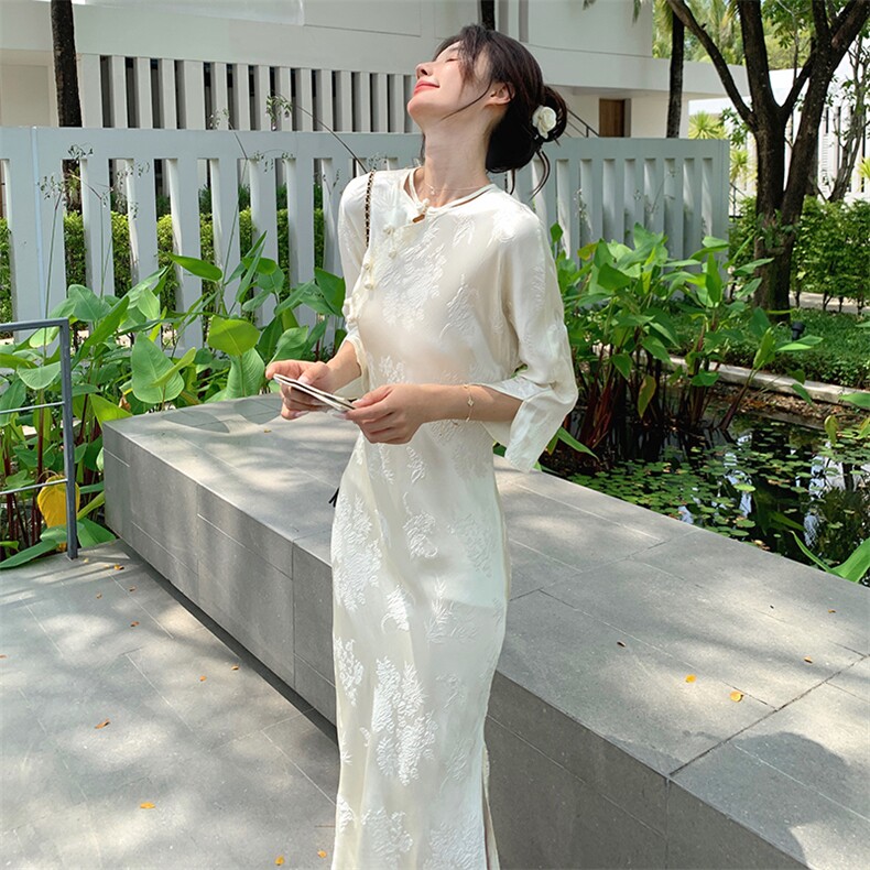 新中式潮风旗袍连衣裙七分袖斜裁包臀显身材P115-K168图片