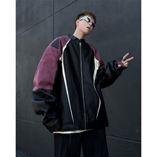 皮夹克男士韩版潮流高街帅拼色美式宽松2024秋冬ins外套W5855-P80，男装夹克，星座412-2