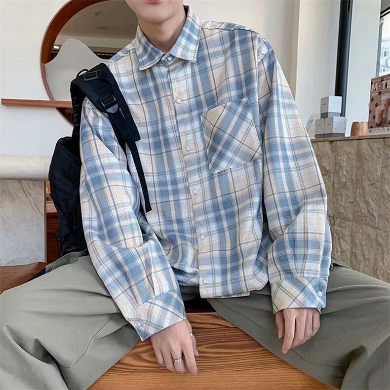 长袖衬衫男港风日系格子衬衫C0003P32,男装衬衫,星座1116-2