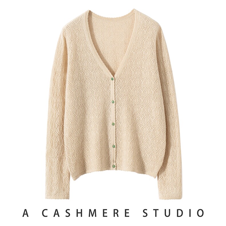 100纯山羊绒V领开衫女软糯亲肤山羊绒针织毛衣外套镂空显瘦上衣，女装羊绒衫，启东羊绒