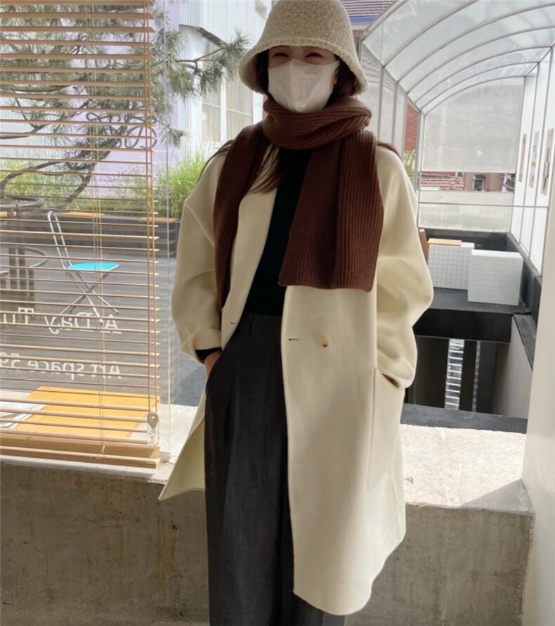 秋冬新款简约翻领中长款两粒扣大口袋羊绒大衣，其它，HJ