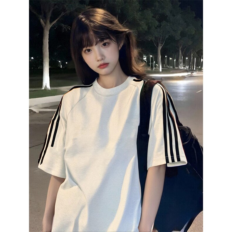 抖音得物高品质二开240克宽松纯棉美式潮牌三条杠织带短袖T恤,男装T恤,电商A486