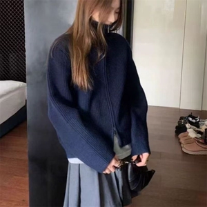羊毛开衫女秋冬灰色拉链高领毛衣慵懒复古小个子针织衫外套图片
