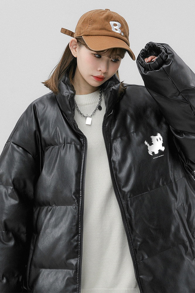 中性风23冬季时尚百搭宽松字母印花PU皮棉服外套MY6454P115控158,男装棉衣,电商A268