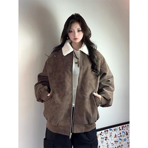 现货重磅硬挺boxy羽绒棉衣座山雕羊羔毛领洗水麂皮棉服冬外套图片