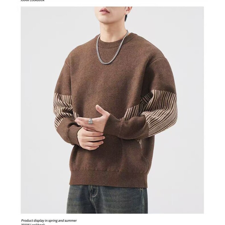 美式复古潮牌拼接撞色针织衫毛衣男士冬季新款宽松休闲慵懒风上衣，男装针织衫/毛衣，星座1210-1