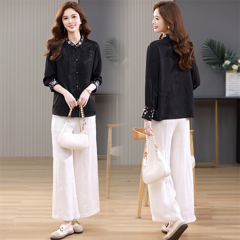 100%桑蚕丝真丝新中式刺绣上衣女装秋新款国风提花绸衬衫立领唐装，女装套装/套裙，江忆布依