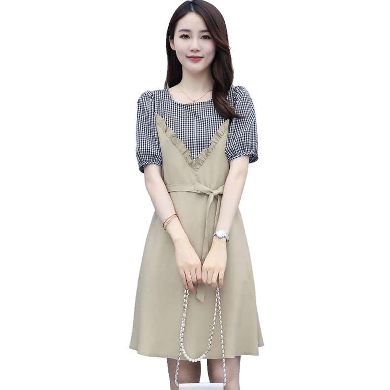 2023夏季新款女装格子拼接大码胖mm遮肉显瘦裙子女宽松洋气连衣裙,女装连衣裙,微微衣阁