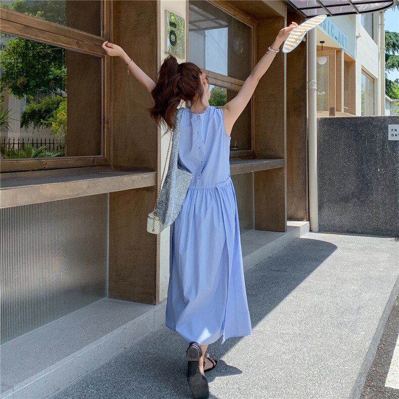 蓝色小清新温柔风无袖连衣裙女夏季2025年新款韩系ootd穿搭背心裙,女装连衣裙,2C159
