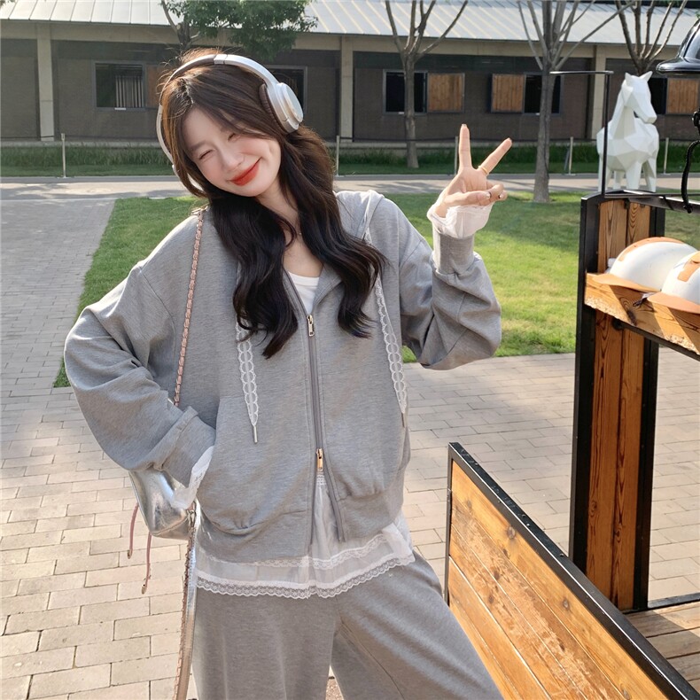灰色休闲蕾丝拼接连帽卫衣套装裤女2025秋季日系减龄高级感两件套,女装套装/套裙,2C168