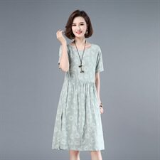 2021年夏季通勤韩版中长款A字裙40-49周岁印花圆点高腰短袖裙子，女装连衣裙，伊满意