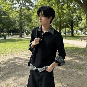 得物抖音高品质二开 夏季美式潮牌假两件条纹衬衫翻领高街短袖T恤图片