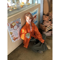 美式复古橙色格子衬衫男女款秋季纹衬衣情侣宽松休闲外套CS6768，男装衬衫，星座208-5