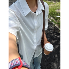 薄款冰丝短袖衬衫男简约纯色垂感休闲痞帅衬衣CS288-P20，男装T恤，星座301C-5