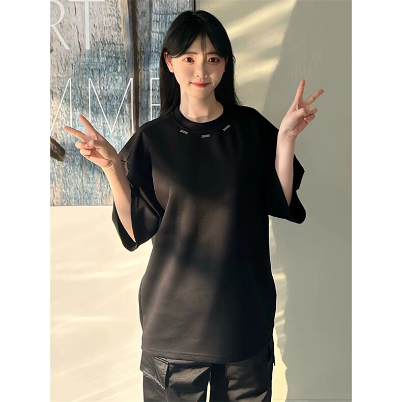 抖音得物品质二开240克宽松纯棉美式高街痞帅潮牌金属装饰短袖T恤,男装T恤,电商A486