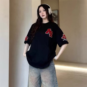 万针全刺绣工艺抖音得物高品质260克重磅纯棉双纱美式高街短袖T恤,女学生夏季搭配服装的技巧图片
