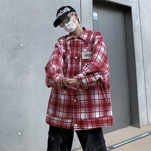 拼色设计感格子毛呢刺绣长袖衬衫男女宽松潮流春秋外套CS0011-P50图片