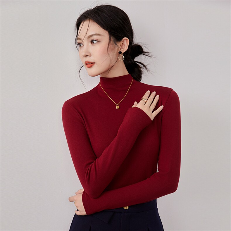 半高领打底衫女长袖t恤新款秋冬内搭紧身上衣洋气小衫百搭纯色,女装羊毛衫,硕诚羊绒