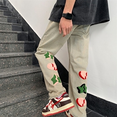 美式复古牛仔裤男潮牌设计感宽松直筒做旧休闲阔腿裤N02215-P45，男装牛仔裤，星座308B-1