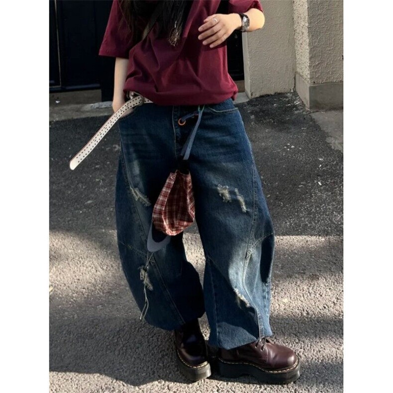 美式解构弯刀破洞牛仔裤男夏季高街复古潮牌宽松水洗休闲阔腿长裤,男装牛仔裤,星座601-1