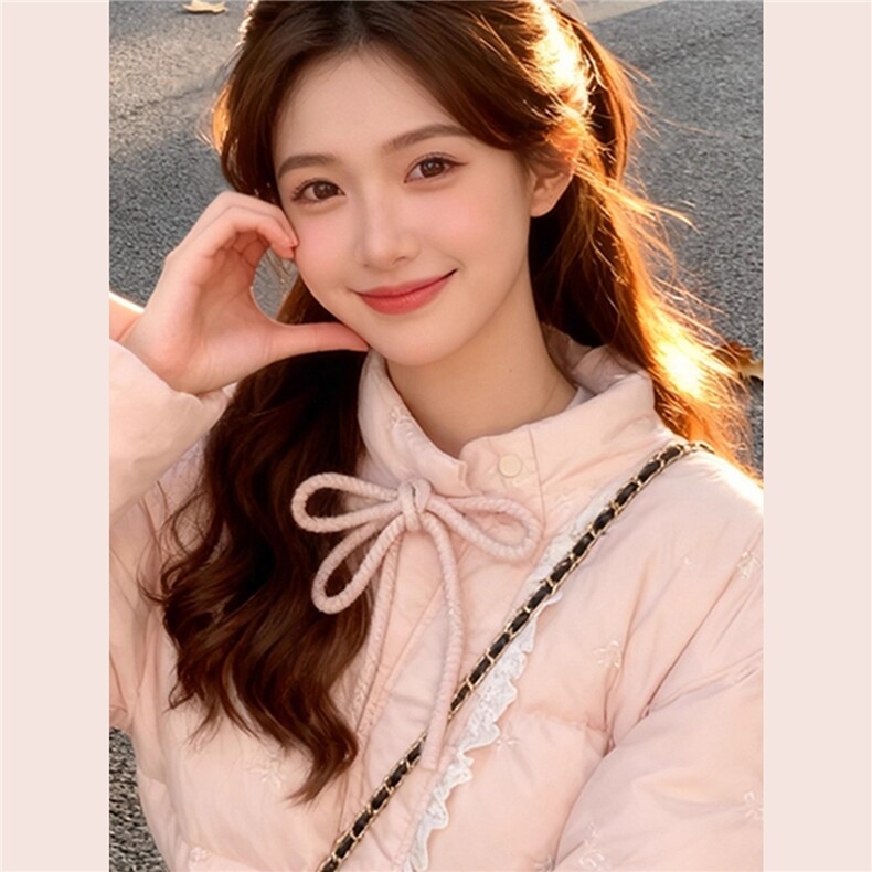 蕾丝拼接棉服外套女2025年新款冬季韩系高级感粉色蝴蝶结系带棉衣,男装棉衣,星座506A