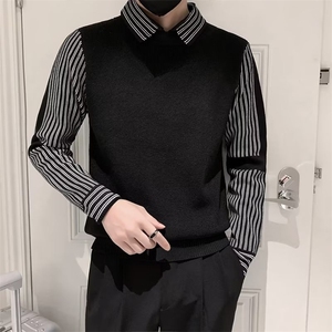 慵懒风假两件毛衣男士衬衫领春秋季网红设计小众外穿针织衫 MY552图片