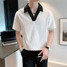 撞色翻领短袖T恤男夏季黑色五分袖休闲POLO衫宽松上衣T388配链条，男装T恤，星座1116A-2（原606A-1）