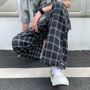 2023夏韩ins潮流带链条男士直筒裤格子休闲裤宽松九分裤 K607-P32图片