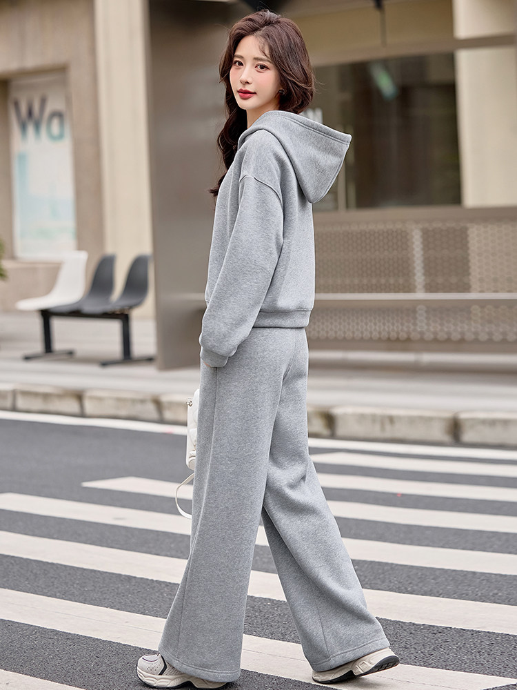 黄色卫衣两件套女连帽加绒过冬穿搭百搭阔腿裤2025春秋冬,女装卫衣/绒衫,梦懿尔