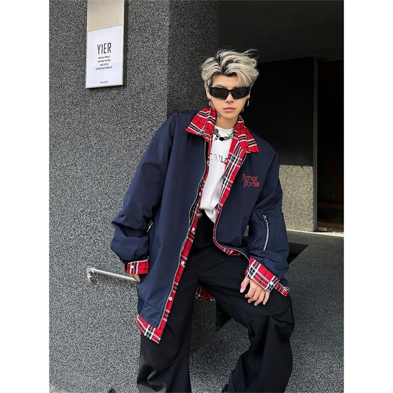 美式复古格子拼接翻领夹克男冬季潮牌宽松小众假两件棒球服外套,男装夹克,星座813-2