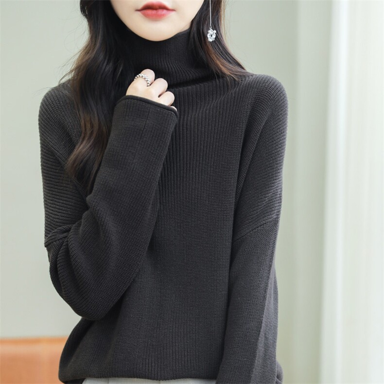 纯棉线加厚高领毛衣女纯色堆堆领长袖打底针织衫保暖全棉内搭上衣,针织衫/毛衣,品高羊绒